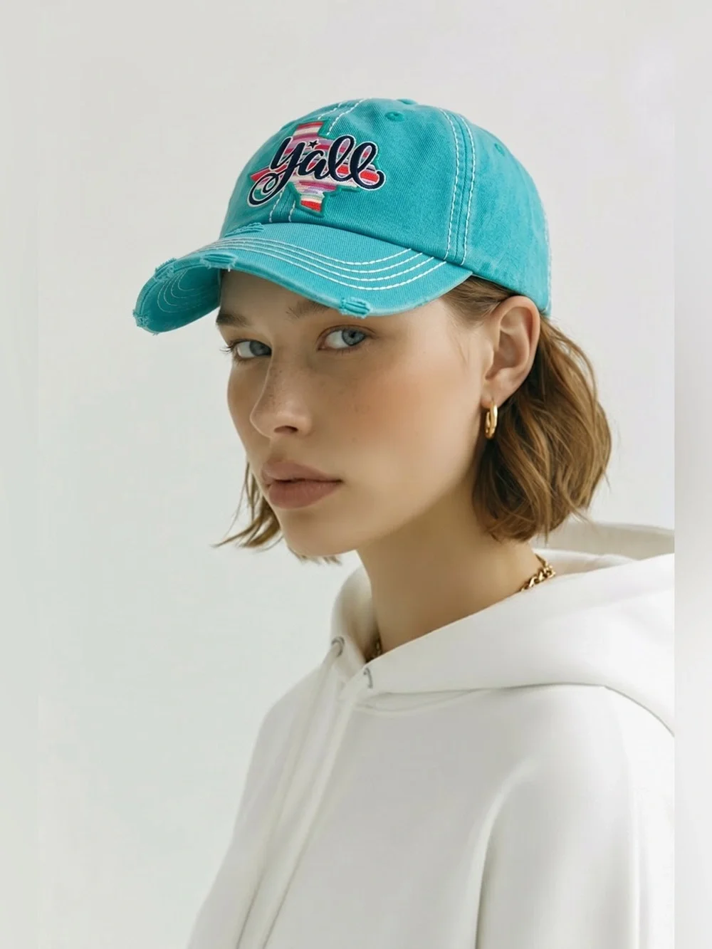 NWT Women’s Teal Distressed Baseball Cap Texas Y’all Serape Patch on Front
